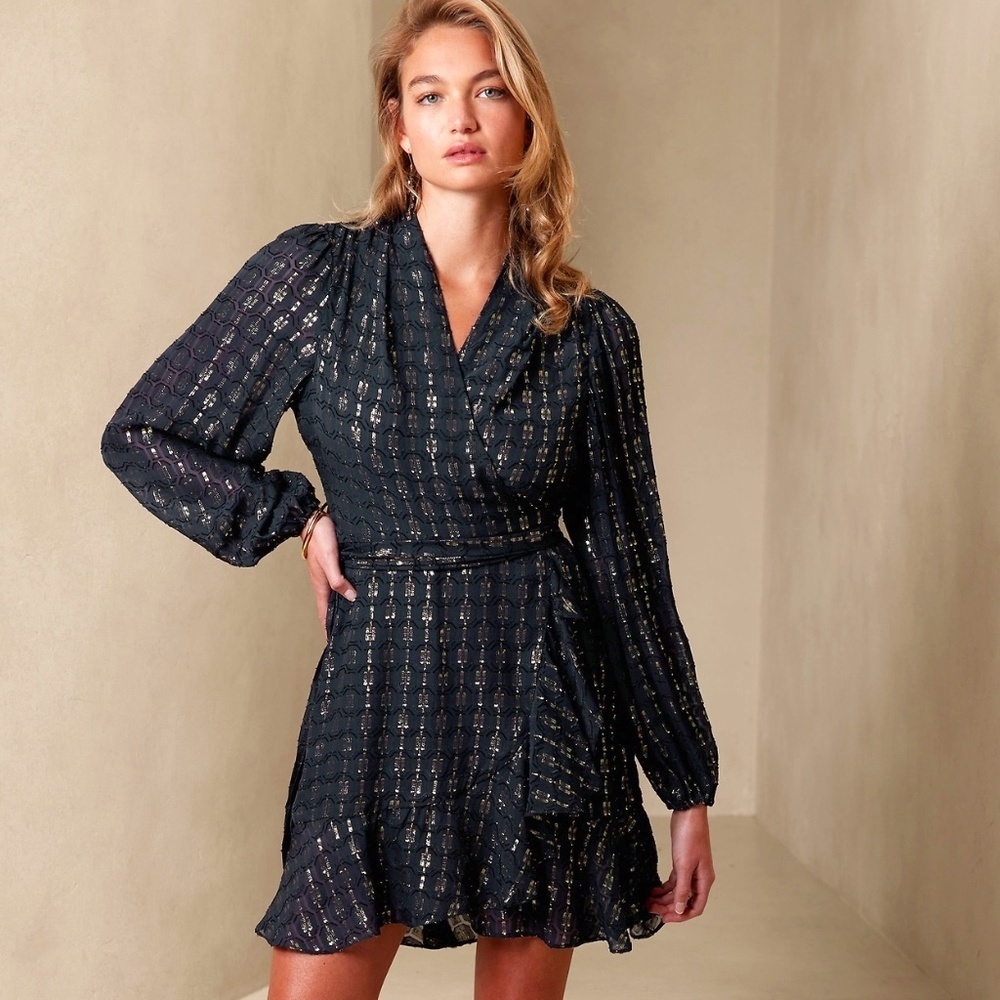 Banana Republic's Aida Jacquard Wrap Dress iShimmer Gold Navy Blue